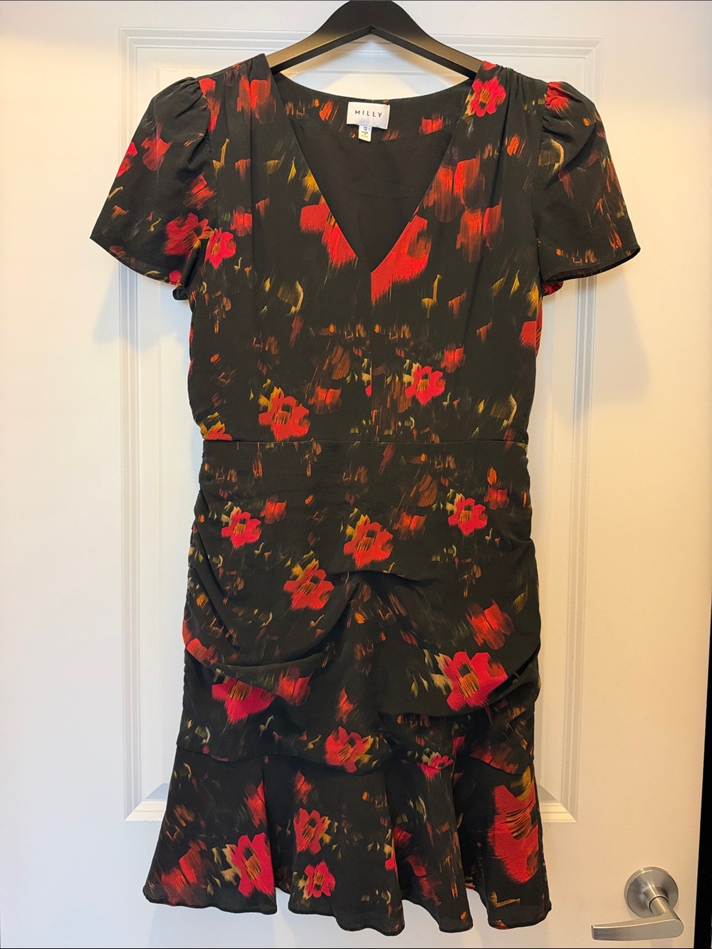 Milly Black Midi Dress with Red & Pink Floral Print